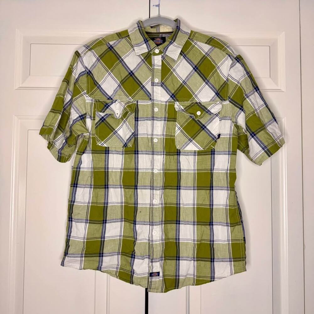 Dickies Green Plaid Short Sleeve Button Front Shirt Men’s Large 100% Cotton